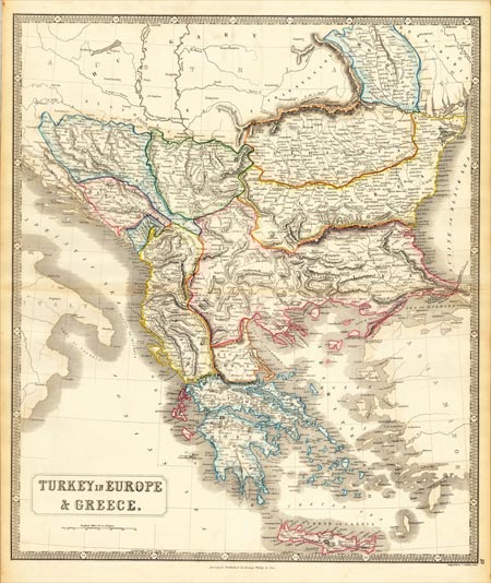 Χάρτης των Βαλκανίων του 1852 που σημειώνει και την πόλη Yenidje, αγγλική έκδοση.